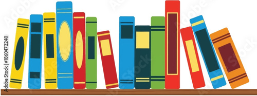 a colorful arrangement of various books standing upright on a brown wooden shelf showcasing a diverse collection for reading high quality