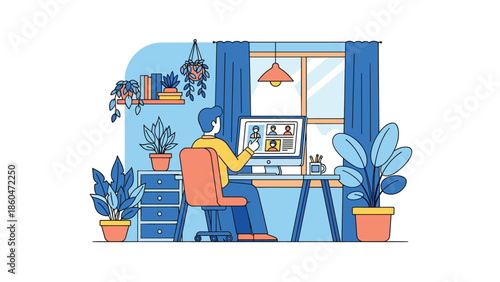 Remote worker on video call in cozy home office with plants