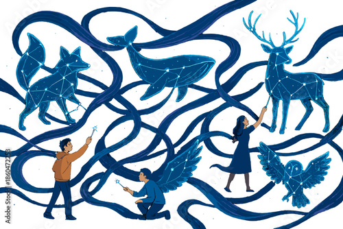 Cosmic Stargazing Extravaganza. Constellation festival with glowing star animals, humans connecting dots, and cosmic ribbons