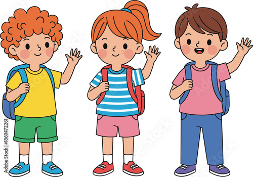 Cute School Children With Backpacks Waving Hands Isolated Cartoon Illustration For Education And Friendship Concept