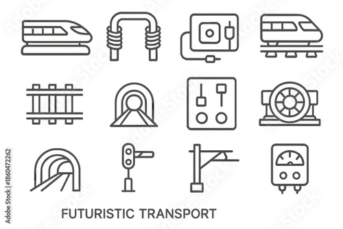 Futuristic Transport Icons. Line style icons of Futuristic Transport: Maglev Train, Electromagnetic Coil, Track, High Velocity;