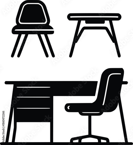 Black and white illustration depicting office furniture including chairs and a desk