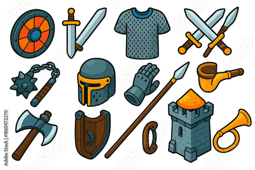 Bold Medieval Icons. Isometric vector illustration set Sword & Shield: rustic Viking round shield, forged longsword, iron