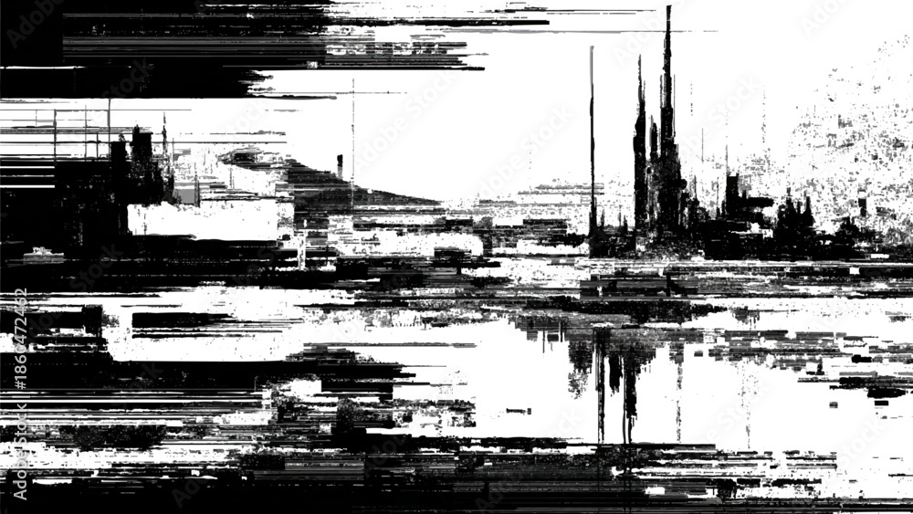 Fototapeta premium Abstract expressionism showcases a distorted cityscape reflection with fragmented lines and a monochrome palette high quality