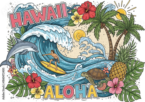 A vibrant illustration depicts a hawaiian scene featuring waves a surfer dolphin tropical flowers and lush foliage embodying aloha spirit