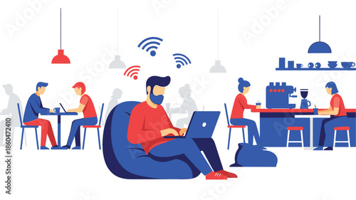 People working remotely in a modern coffee shop with WiFi