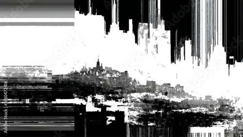 A distorted cityscape is partially visible through glitching pixelated effects and digital interference creating a fragmented view
