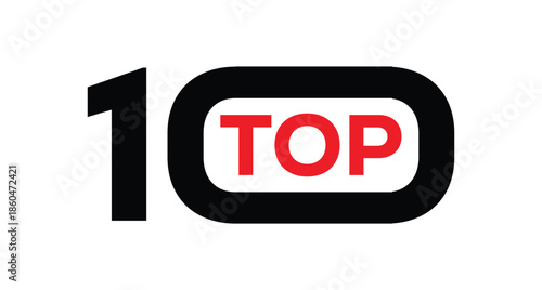 Dynamic "TOP TEN 10" badge with red banner and black numerals in bold stacked design. Minimalist high-contrast vector on white background. Perfect for rankings, top lists, awards, charts.