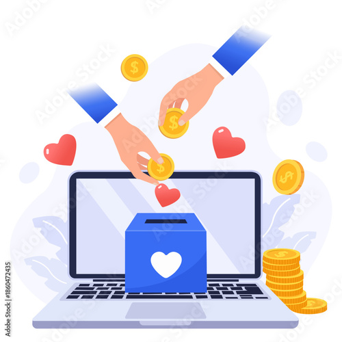 Digital Donation & Giving: A vibrant illustration depicts the act of giving and charitable donation with hands interacting with virtual donation box, coins, and hearts.