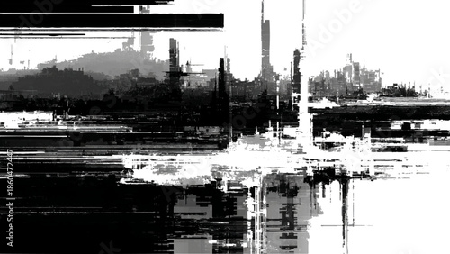 A stark black and white landscape depicts an industrial area with smokestacks and distant hills creating a somber mood