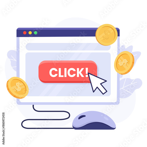 Digital Ad Click-Through: A vibrant illustration depicts a computer screen, highlighting a 'CLICK!' button with a cursor, complemented by hovering golden coins.