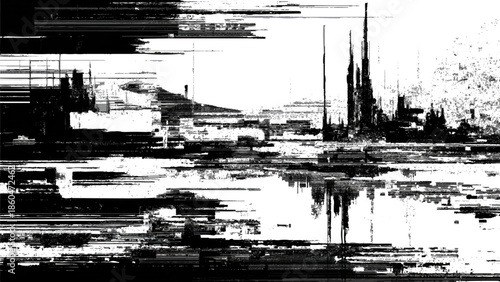 Abstract expressionism showcases a distorted cityscape reflection with fragmented lines and a monochrome palette high quality