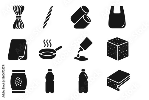 Synthetic Polymer Icons. Solid style icons of synthetic polymers: nylon fiber, polyester strand, PVC pipe, polyethylene bag,