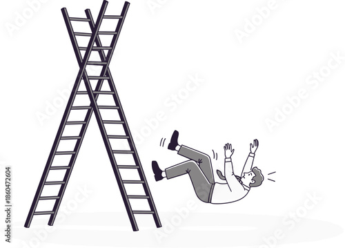 a stylized illustration depicts a businessman falling from a precarious ladder representing risk failure and the challenges of ambition high quality