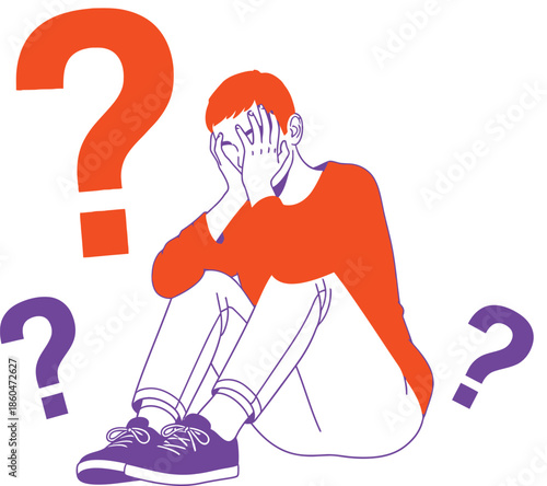 a distraught person is surrounded by large question marks visually representing confusion uncertainty and the overwhelming nature of unanswered questions