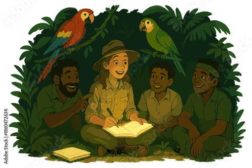 Jungle Linguist Adventure. Field linguist in the jungle with glowing notebooks, parrots repeating words, and friendly guides