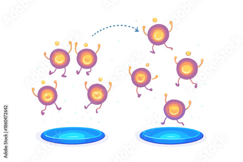 Joyful Quantum Particles. Quantum teleportation scene with particles jumping joyfully from one glowing station to another No text,