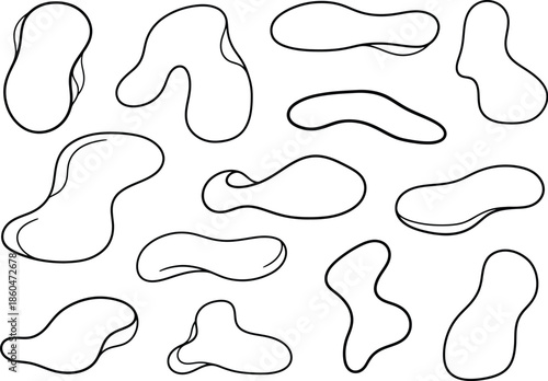 a collection of abstract freeform shapes outlined in black on a white background exhibiting organic and fluid designs high quality professional