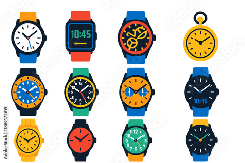 Modern Watch Icons. Flat vector icons of watch types: analog watch, digital watch, skeleton watch, smart watch, diver’s watch,