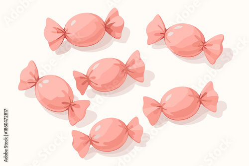 Playful Pink Candies. Pink wrapped candies arranged on a clean white surface, playful and sweet tones, soft natural vector