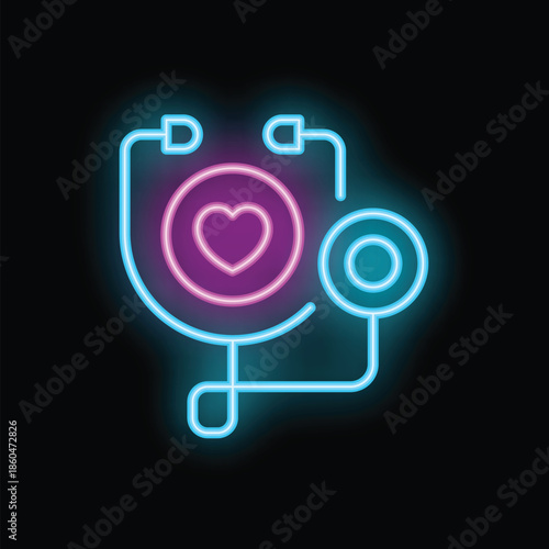 Neon icon of a stethoscope featuring a prominent heart symbol, representing healthcare and medical services