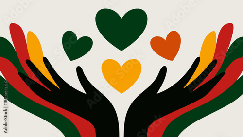 Stylized hands gently cupping a heart shape with colorful hearts