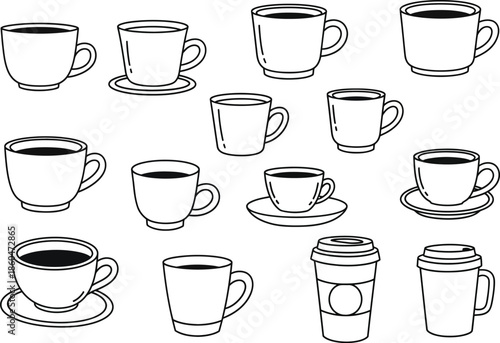 a collection of various black and white outlined teacups and coffee mugs arranged in a visually appealing simple composition on a white background