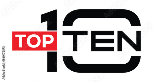 Dynamic "TOP TEN 10" badge with red banner and black numerals in bold stacked design. Minimalist high-contrast vector on white background. Perfect for rankings, top lists, awards, charts.