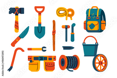 Post-Apocalyptic Tool Icons. Flat vector icons of Post-Apocalyptic Tools: hammer from scrap, makeshift shovel, rope bundle,