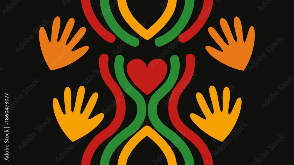 Fototapeta premium Stylized hands reaching toward bright hearts in warm colors on black background