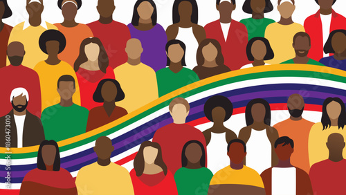 Diverse group of people in colorful clothing standing together in unity