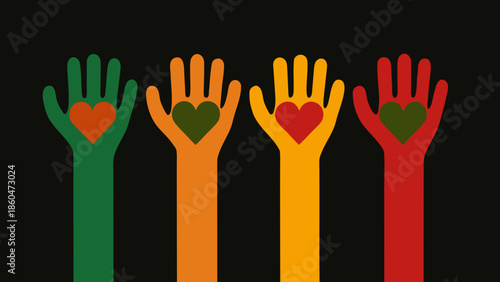 Four raised hands with glowing hearts on palms in different colors on black