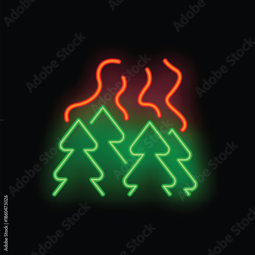 Green and red neon sign illustrating burning forest trees with smoke