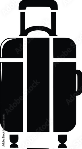 Simple black and white illustration of a closed upright rolling suitcase