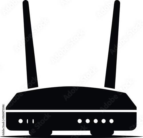 A simple black silhouette of a wireless router with two antennas
