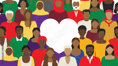 Diverse group of people from different cultures and ages with a heart