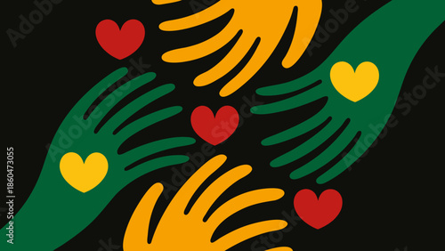 Stylized human hands in abstract shapes holding hearts on black background