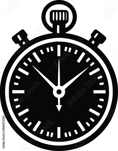 A black and white illustration of a classic stopwatch with a dark face