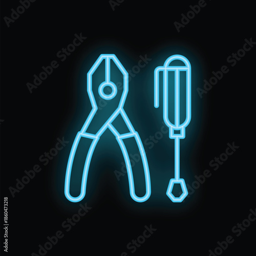 Blue neon icon of pliers and screwdriver glowing on black background