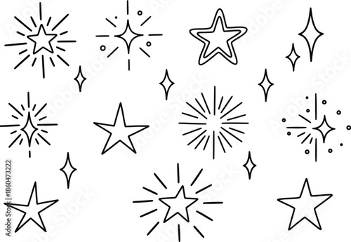 a delightful collection of hand drawn stars and sparkling bursts presented in a simple black and white line art style creating a whimsical effect