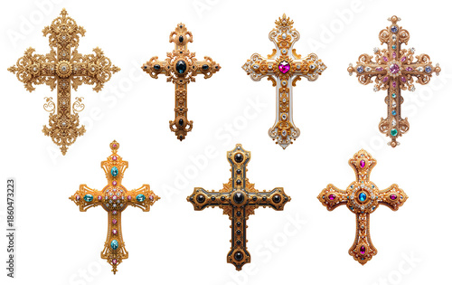 Beautiful vintage gold cross with precious stones isolated on transparent background