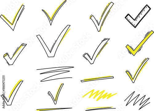 a collection of hand drawn yellow check marks and lines depicting confirmation approval and positive feedback in a simple sketch style
