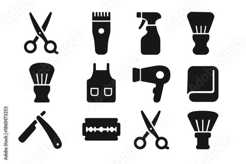 Barber Tools Icons. Solid style icons of Barber Tools: Scissors, Comb, Clippers, Spray Bottle, Brush, Apron, Hairdryer, Towel,