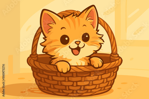 Curious Kitten in Basket. Playful fluffy kitten peeking out of a wicker basket, illuminated by soft natural light, warm and