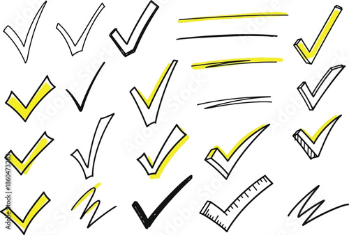 a collection of hand drawn check marks and lines in black and yellow representing confirmation and completion high quality professional detailed
