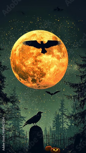 Enchanting raven dance against full moon in haunted forest halloween scene