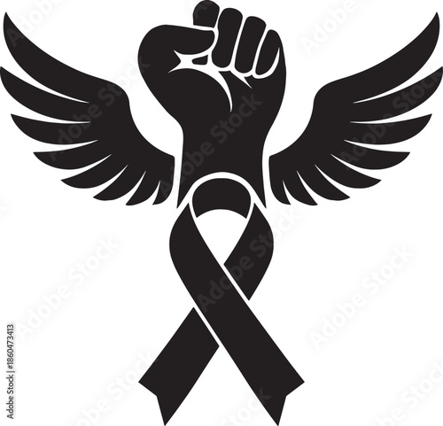 Raised fist with wings and ribbon symbolizing freedom and awareness