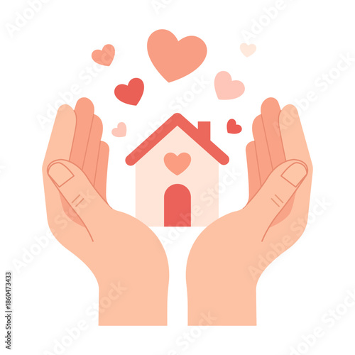 Protecting Home and Heart: Two hands gently cradle a charming house adorned with a heart, symbolizing care, affection, and the feeling of home, with hearts floating upward, creating a warm.