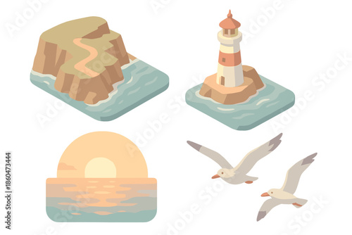 Cliffside Sunset Serenity. Isometric vector illustration set Ocean Cliff Sunset: rocky seaside cliffs, glowing orange horizon,