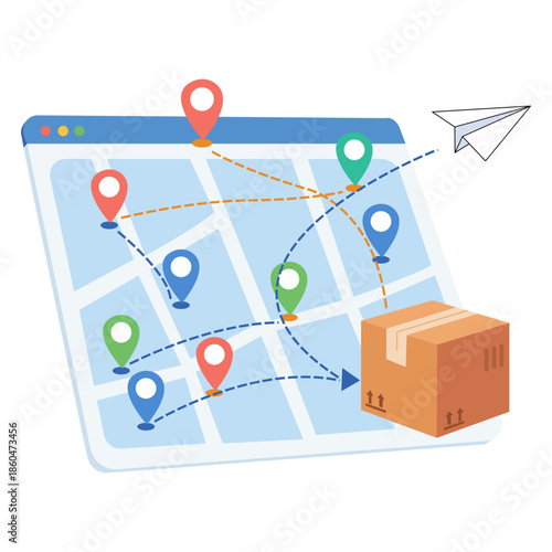 Route to Delivery: A vivid illustration of a parcel's journey, tracing a map route from origin to destination, symbolized by markers, embodying logistics and swift dispatch.